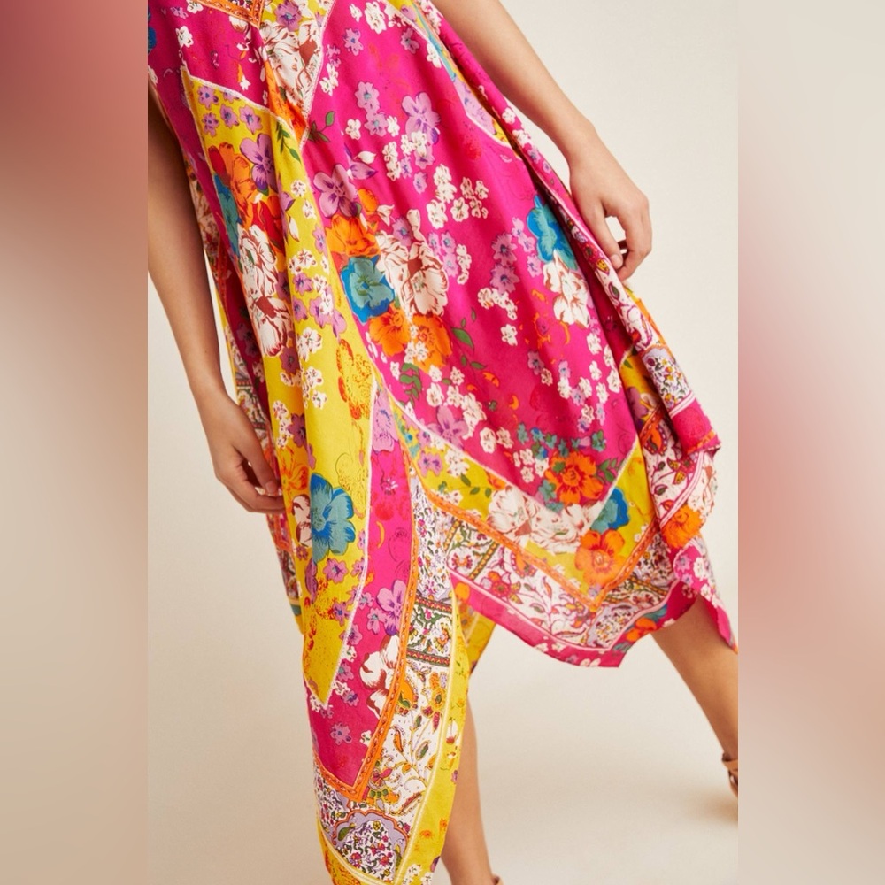 Free People Vibrant Floral Handkerchief Asymmetrical Flowy Midi Slip Dress (XS) - Picture 2 of 4